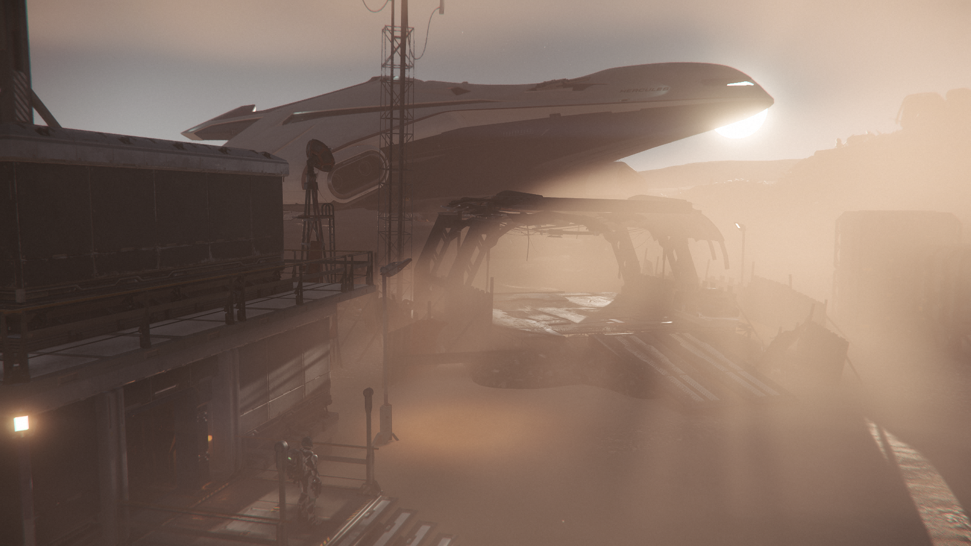 Crusader C2 Hercules in dust storm over settlement